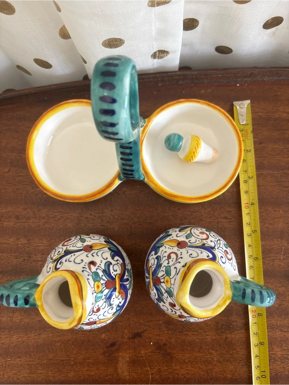 Ricco Deruta Italian Oil and Vinegar Cruet Set W Caddy Hand Painted Mediteranean